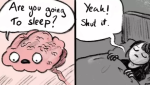 This is a two-panel comic. In the first panel, a brain with a startled expression asks, "Are you going to sleep?"

In the second panel, a person lying in bed, clearly annoyed, responds with, "Yeah! Shut it."

The comic humorously portrays the relatable experience of a brain becoming active or intrusive right when someone is trying to fall asleep. Let me know if you need help creating something similar or adding to it!